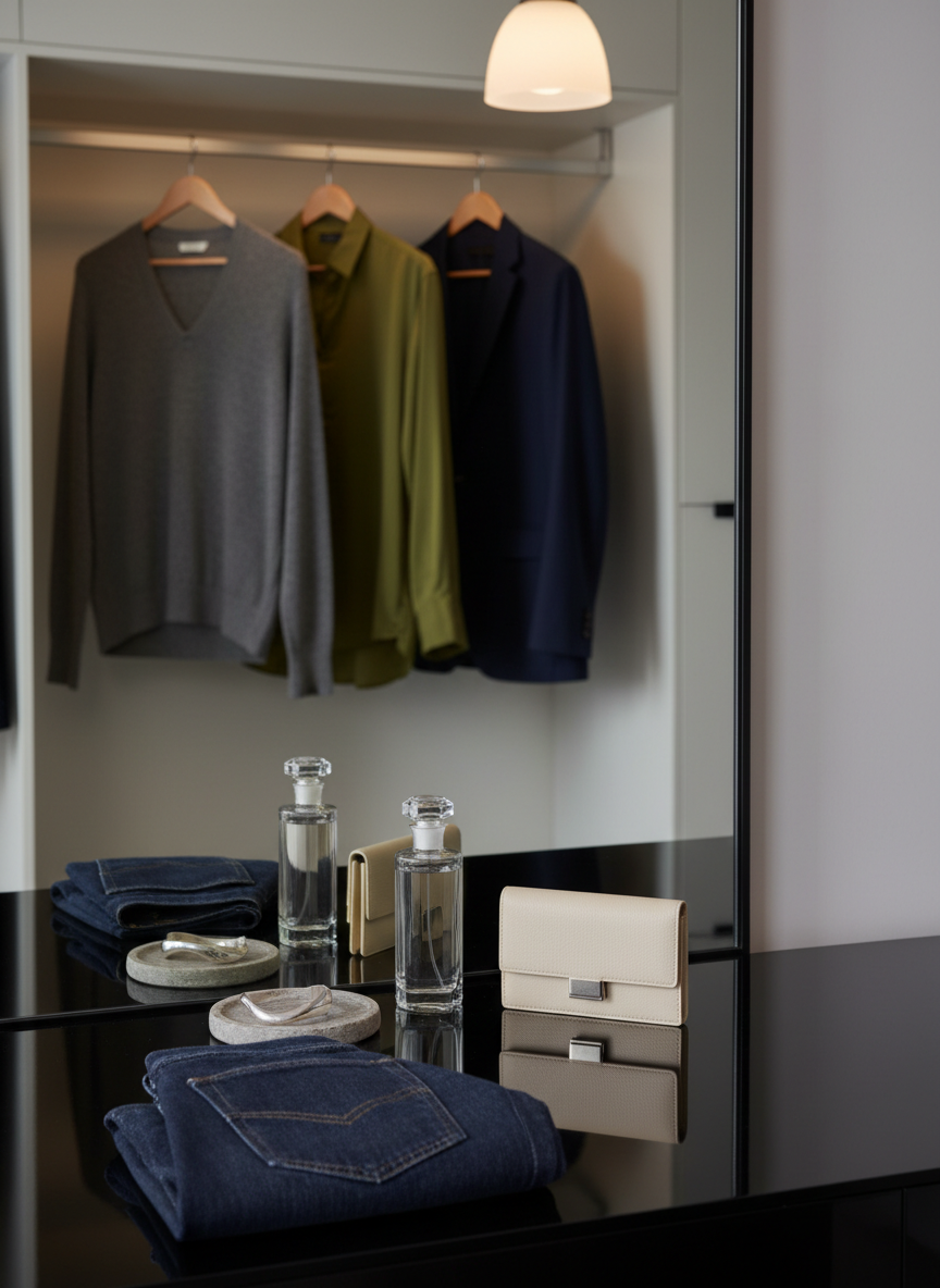 A refined dressing table vignette: a glossy black lacquer surface reflecting a neatly folded pair of dark raw denim, a slender crystal fragrance bottle with no visible branding, a structured cream leather wallet, and a single sculptural silver cuff bracelet resting on a small stone tray. In the background, an oversized frameless mirror reflects a minimal wardrobe of muted garments, softly blurred to avoid any human presence. Warm, diffused pendant lighting above creates gentle pools of light and subtle reflections on the lacquer and metal, introducing a quiet sense of evening ritual. Photographic realism, shot from a slightly elevated three-quarter angle, with deliberate use of negative space. The mood is intimate, urbane, and contemplative, evoking the quiet luxury of personal style and the culture surrounding getting dressed.