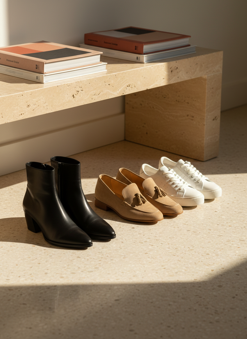 An orderly row of three contrasting pairs of shoes positioned on a smooth, pale terrazzo floor: sculptural black leather ankle boots with a sharply angled heel, soft sand-colored suede loafers with an elongated silhouette, and minimalist white low-top sneakers with a subtly textured sole. Behind them, a low monolithic bench in warm travertine holds a carefully arranged stack of fashion, architecture, and design books with abstract, logo-free covers. Late afternoon light enters from an unseen window, casting long, soft-edged shadows and catching the varied surfaces of leather, suede, and stone. Photographic realism, captured from a low, slightly off-center angle, using a moderate depth of field to keep all shoes in focus while the background recedes. The atmosphere is curated and analytical, suggesting a thoughtful study of style, function, and taste.