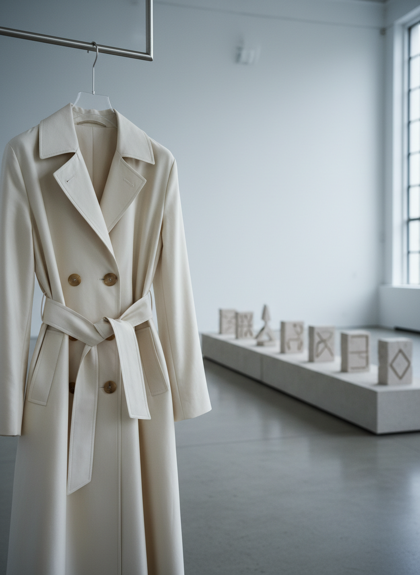 A close-up, highly detailed shot of a single cream-colored silk trench coat hanging on a minimalist metal rail in a spacious, gallery-like room. The fabric falls in clean, architectural folds, with matte horn buttons and a perfectly knotted belt providing subtle focal points. In the softly blurred background, a low concrete plinth displays abstract, brand-like symbols etched into stone, hinting at fashion branding without explicit logos or text. Cool, overcast window light from the right creates a gentle, even illumination, enhancing the coat’s luster and the room’s serene palette. Photographic realism, shot at eye level with a shallow depth of field, conveying a quiet, intellectual mood that focuses on cut, material, and cultural context rather than overt luxury signaling.