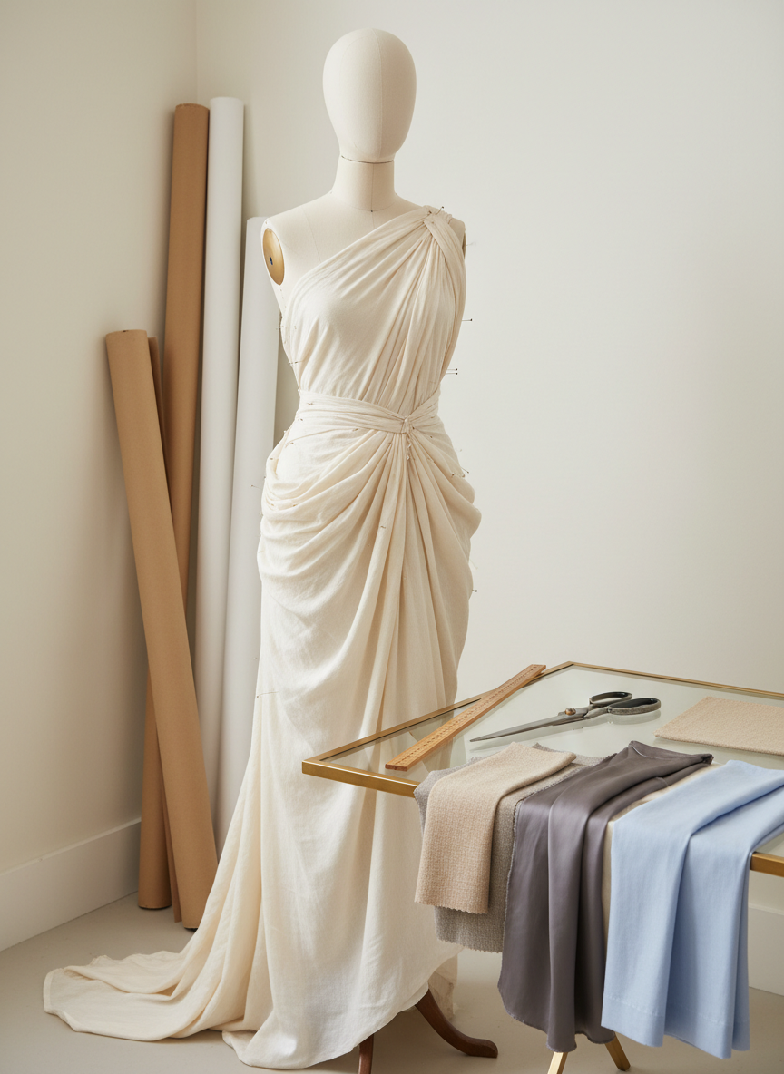 A serene corner of a fashion studio featuring a large, faceless dress form wrapped in an unfinished, perfectly draped muslin toile of a future evening gown, the fabric pinned with precision. Nearby, a narrow glass-topped table holds neatly arranged tailoring shears, a wooden ruler, and swatches of textured fabrics in muted tones—wool, silk, and fine cotton. The walls are a soft, warm white, and rolled pattern paper leans against them like minimalist sculptures. Soft north-facing daylight filters in from an unseen window, creating even, shadowless illumination that feels contemplative and focused. Photographic realism, eye-level composition with a slight diagonal perspective, accentuating depth. The atmosphere is quiet, intellectual, and process-driven, highlighting the craft and thoughtful design behind fashion rather than the finished spectacle.