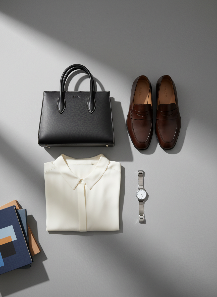 A meticulously arranged flat lay of luxury fashion essentials on a matte dove-grey backdrop: a structured black leather top-handle bag with precise stitching, a pair of minimalist square-toe loafers in polished espresso leather, a folded ivory silk blouse with subtle sheen, and a slim stainless steel watch with a brushed finish. A small stack of art and design books anchors one corner, their covers abstract and text-free. Soft, diffused daylight from the left creates gentle gradients and delicate shadows, emphasizing textures without harsh contrast. Photographic realism, shot from a perfect overhead bird’s-eye view with clean negative space, producing a calm, editorial mood that feels chic, thoughtful, and timeless rather than trend-driven.