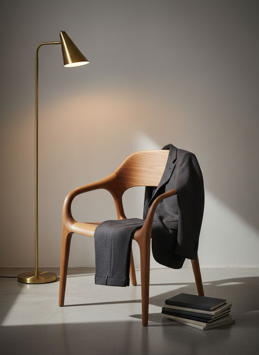 An elegant still life of a tailored charcoal wool blazer draped over the back of a sculptural oak chair with curved lines, set in front of a smooth, pale plaster wall. On the seat rests a folded pair of perfectly pressed trousers and a neatly stacked trio of textured notebooks in muted tones. A slim brass floor lamp to the side casts warm, directional light that grazes the fabric, revealing its weave and craftsmanship while creating long, refined shadows across the floor. Photographic realism, eye-level composition with slight three-quarter angle, emphasizing the relationship between garment, object, and space. The atmosphere is contemplative and sophisticated, evoking the quiet intelligence of a fashion editorial about design, tailoring, and taste.